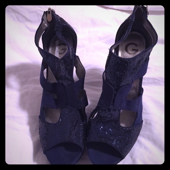 Navy blue platform sequin heels
