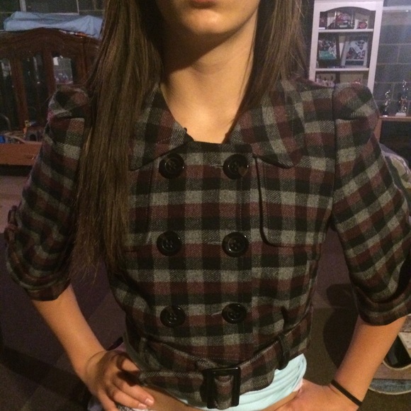 Burgundy, black, and grey double breasted jacket - Picture 1 of 4