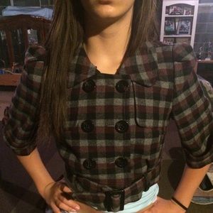 Burgundy, black, and grey double breasted jacket