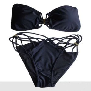 Sexy Black Strappy Bandeau Bikini Swim Suit