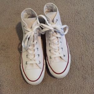 High-top white Converses, womens 7 (mens 5)