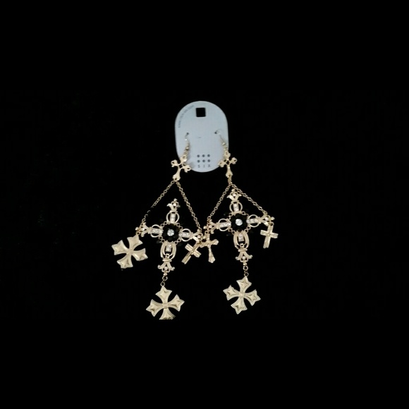SIX. Gold and black crosses chandelier earrings