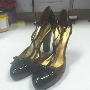 BCBG Max Azria two tone t-strap patent  pumps