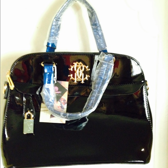 Black Patent Leather Dome Bag w/ Blue Handles NWT