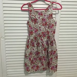 Conservative pink/red floral dress.