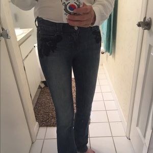 Denim jeans with black lace & beaded accents