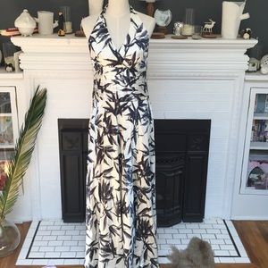Long Silk Halter Botanical Print Gown