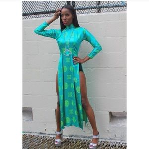 Vintage seal green Kimono Slit Dress