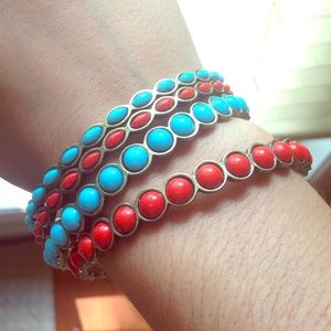 4 metal turquoise & red beaded bracelets