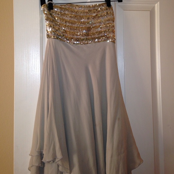 Sequined top tan formal dress