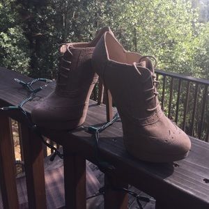 Beige high heel suede ankle boots