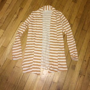 yellow & white striped cardigan.