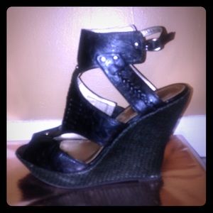 Black woven wedges