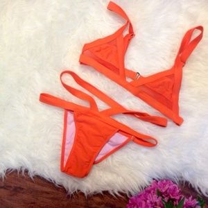Orange Strappy Mesh Bikini Set