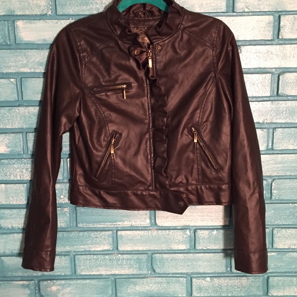 Brown Leather Jacket with Ruffles - Picture 2 of 4