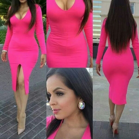 Sexy V-neck Long Sleeves Pink dress