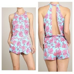Pink and blue floral romper