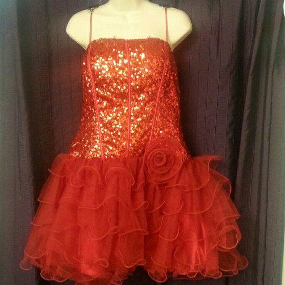 Red Corset Look Sequined Dress With Rose