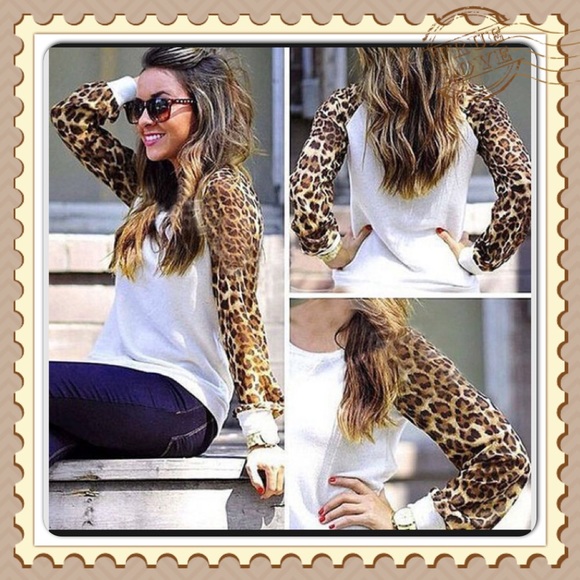 Tops - White Top with Sheer Print Sleeves