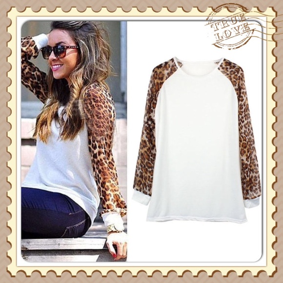 White Top with Sheer Print Sleeves - Picture 2 of 2