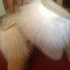 Authentic Mongolian fur sheepskin cuff boots :Sand