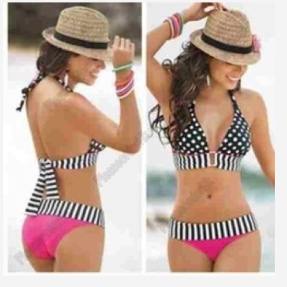 Super cute! NWOT, Pink and black polka dot bikini - Picture 1 of 2