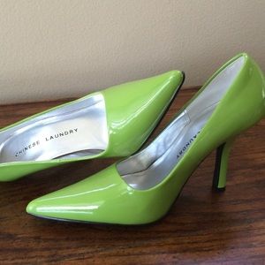 Patent lime green pumps