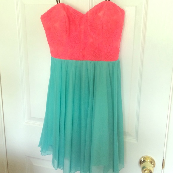 Neon summer dress, hot pink and teal.