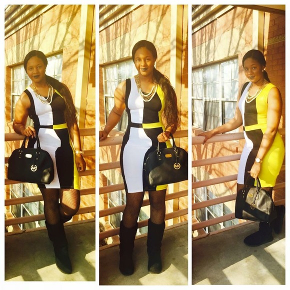Yellow black and white cocktail dress