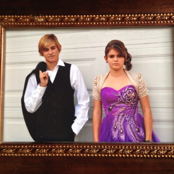 Purple "Peacock" strapless formal and shrug