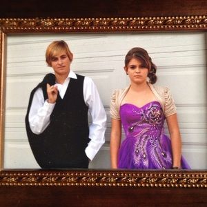 Purple "Peacock" strapless formal and shrug