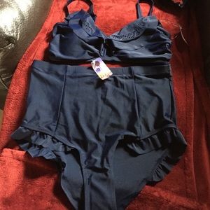 Navy blue high waist swimsuit with ruffles.❤️