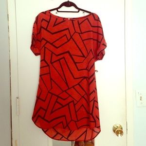 Brick-Red Printed Chiffon Dress