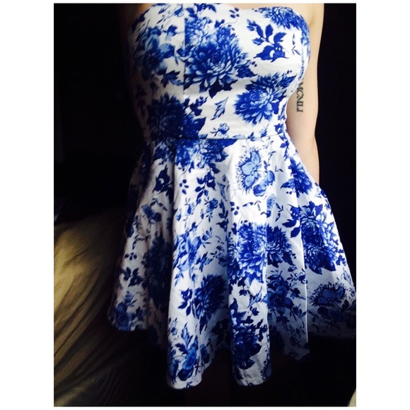 Blue and White Strapless Floral Romper