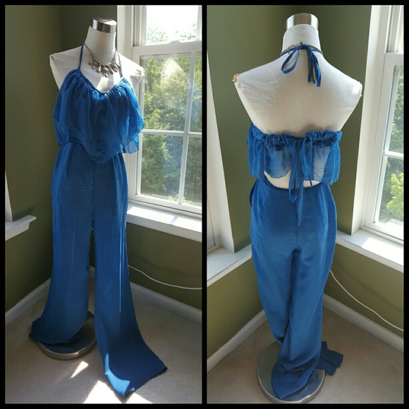 Blue Popover Flare Leg Romper