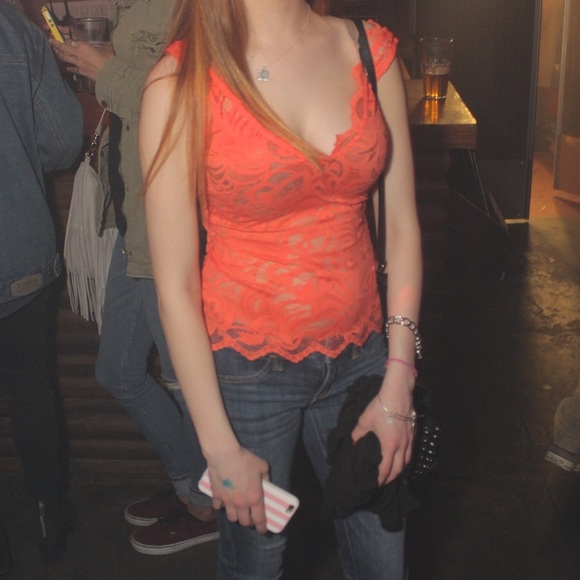 Bright orange lace v neck