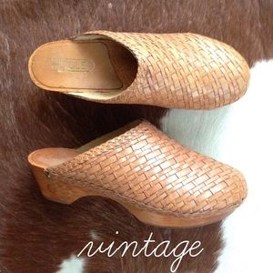 vintage woven tan leather wood sole mule / clogs
