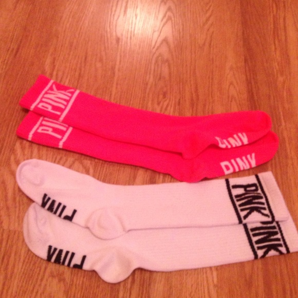 Victoria's Secret PINK White and Neon Pink Socks