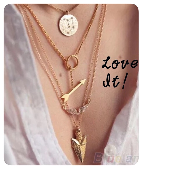 Jewelry - Gold 4-Layer Pendant Necklace-Arrow, Wings!