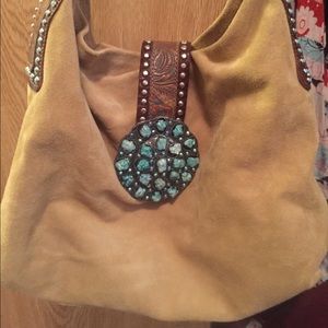 Leatherock suede handbag with turquoise accents