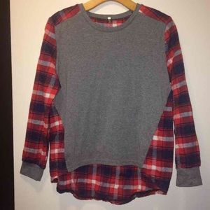 Red plaid flannel sweatshirt blue top long sleeves