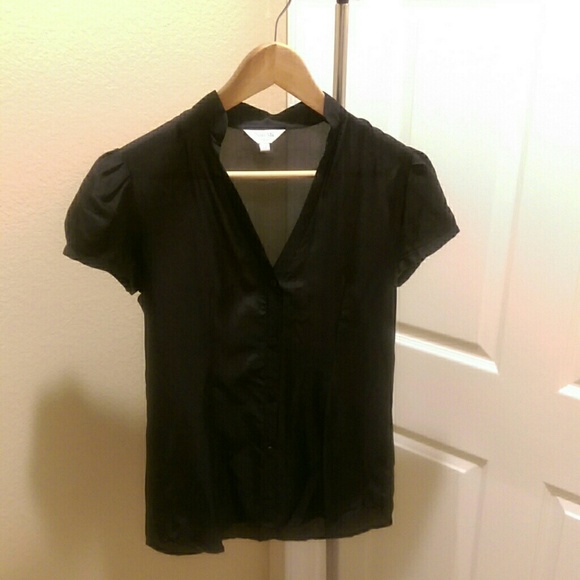 Black V-neck Silk Button-Up Blouse
