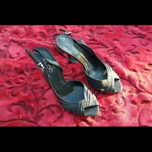 Black Leather Aldo Open Toe Heels Size 6.5
