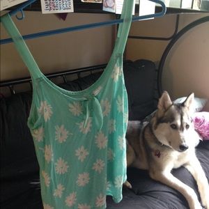 Cute flowy, teal with white flower shirt