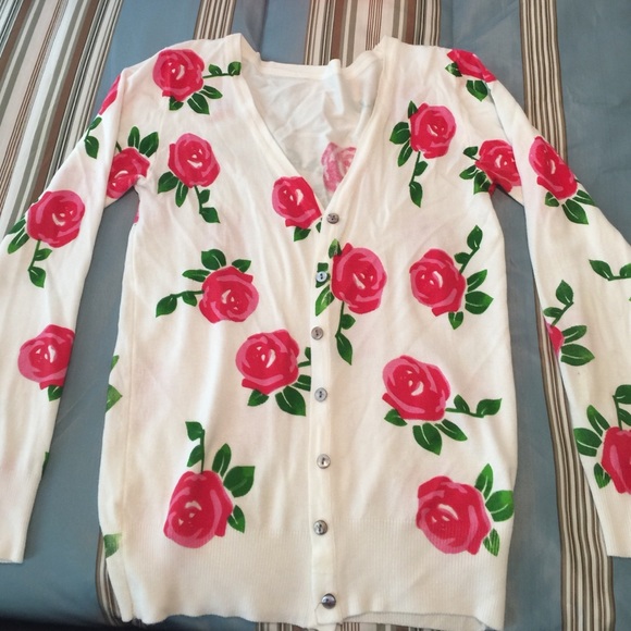 Rose print button up sweater