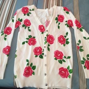 Rose print button up sweater