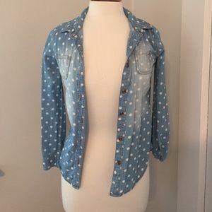 Polka-dot, denim, button up shirt