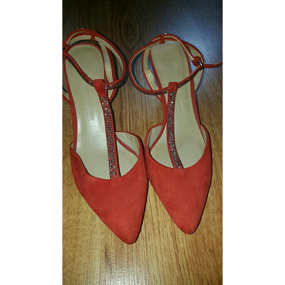 Red suede sling back pumps