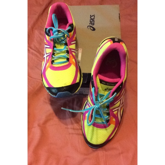 White / hot pink / neon yellow womens asics!