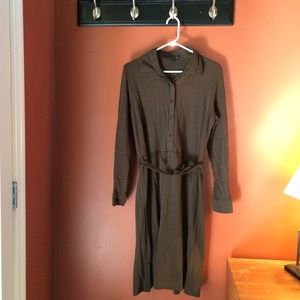 Brown knit shirt dress.